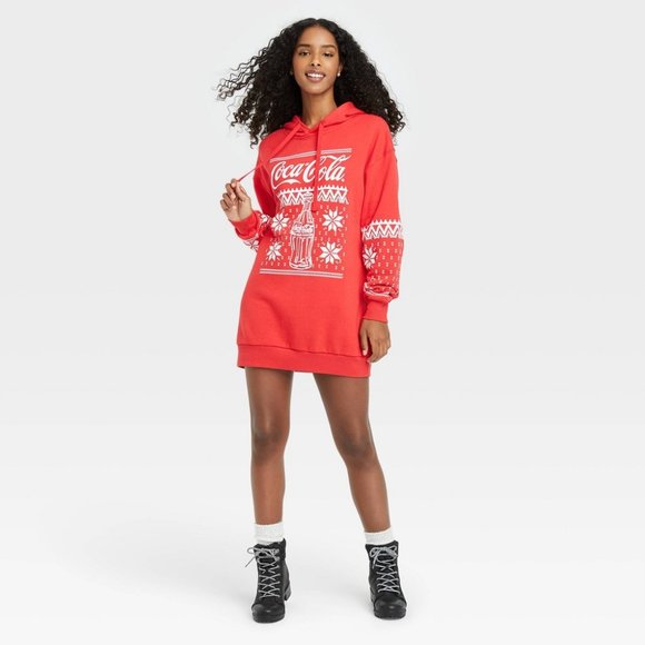 Coca-Cola Women's Holiday Long Sleeve Hooded Graphic Sweatshirt Dress Red - Picture 2 of 9